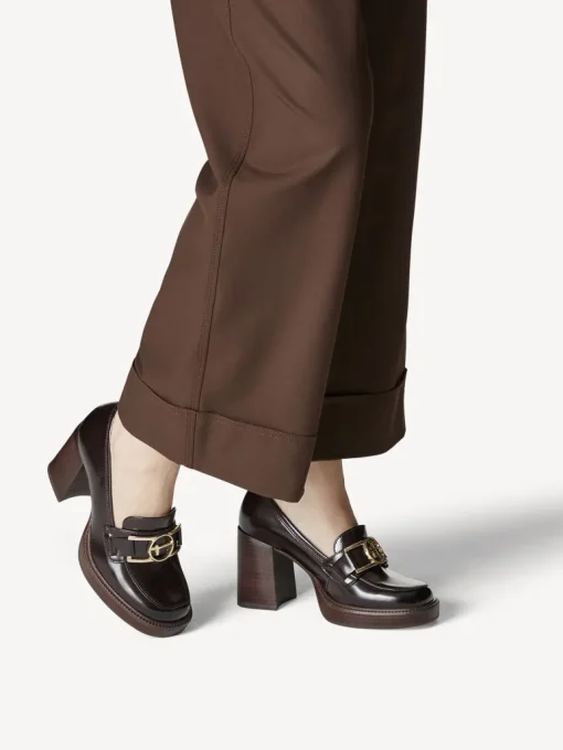 Mocassino con Fibbia Logata e Tacco Largo Mocca